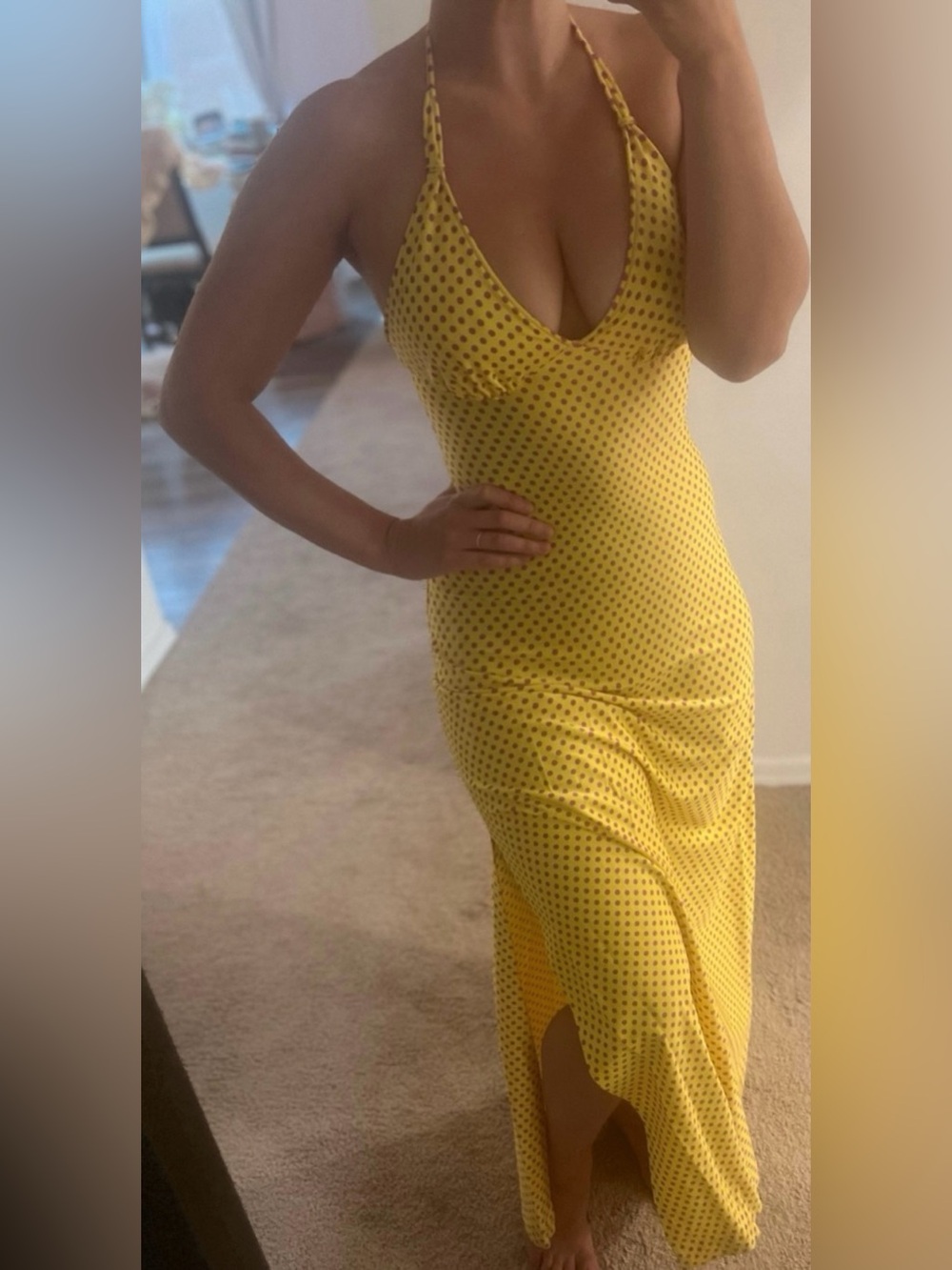 VTG Rare 1960’s-70’s Elizabeth Stewart Maxi Yellow Polkadot Dress